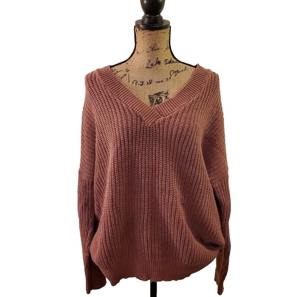 Aeropostale Sweaters - Aeropostale Size L Brown Cable Knit Sweater V Neck Drop Shoulder Cotton Blend